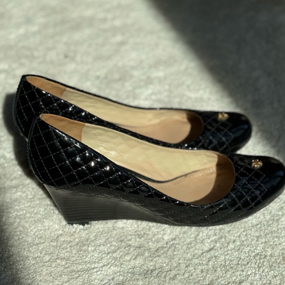 Tori Burch Black Quilted Wedge Shoes